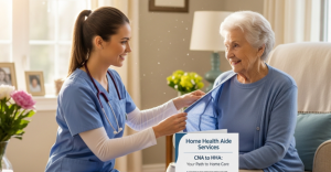 can a cna work as a home health aide caregiver assisting elderly patient at home healthcare