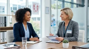 A confident young female CNA applicant in neat professional attire smiling and shaking hands with a healthcare hiring manager across a desk during an interview.