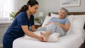 A female healthcare provider gently examining the heel of an elderly patient resting on a bed with a pillow supporting the calf to float the heel.