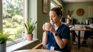 A calm professional female caregiver sitting by a window during her break, holding a warm mug and taking a peaceful moment for self-care.