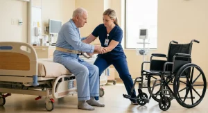 A professional female CNA wearing blue scrubs using proper body mechanics and a gait belt to safely transfer an elderly male patient from a hospital bed to a wheelchair.