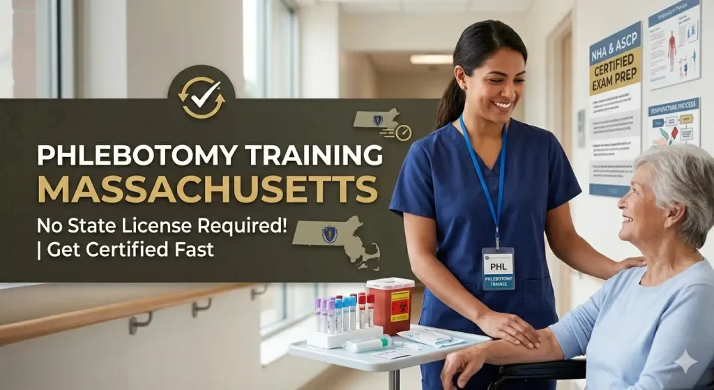 A professional phlebotomy trainee preparing a female patient's arm for a blood draw next to a medical cart with test tubes, featuring a graphic banner that reads 'Phlebotomy Training Massachusetts - No State License Required!'