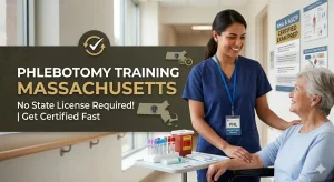 A professional phlebotomy trainee preparing a female patient's arm for a blood draw next to a medical cart with test tubes, featuring a graphic banner that reads 'Phlebotomy Training Massachusetts - No State License Required!'