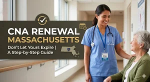 A smiling female nurse in blue scrubs assisting an elderly patient in a healthcare facility corridor, featuring a graphic overlay that reads 'CNA Renewal Massachusetts - Don't Let Yours Expire'
