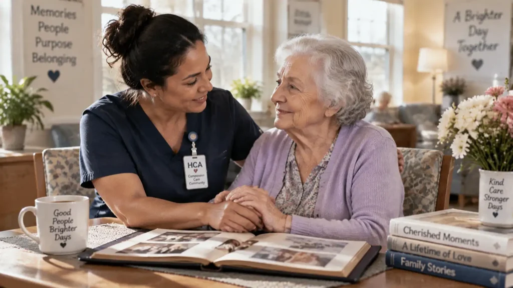 Compassionate caregiver holding hands with an elderly senior woman experiencing memory loss and dementia in a warm home setting