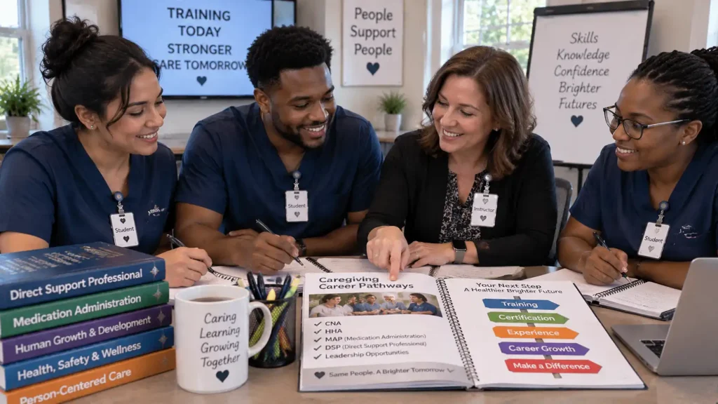 Diverse group of healthcare students and caregivers reviewing certification options in a Massachusetts training center