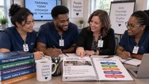 Diverse group of healthcare students and caregivers reviewing certification options in a Massachusetts training center
