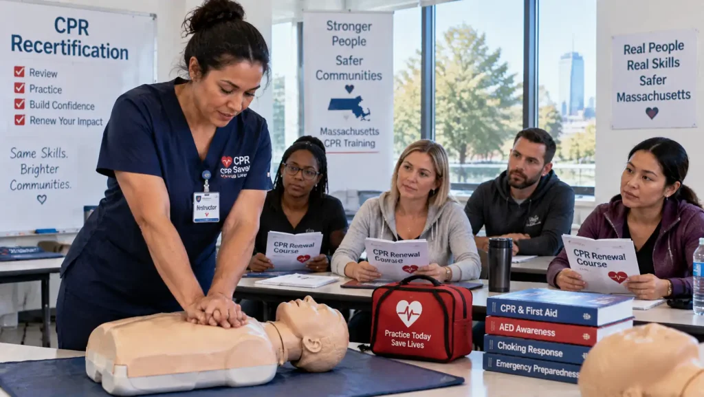 Healthcare and daycare workers practicing CPR recertification skills on adult manikins in a Massachusetts training room