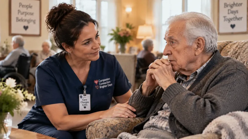 Female healthcare caregiver gently redirecting and calming an anxious senior with dementia in a Massachusetts care home
