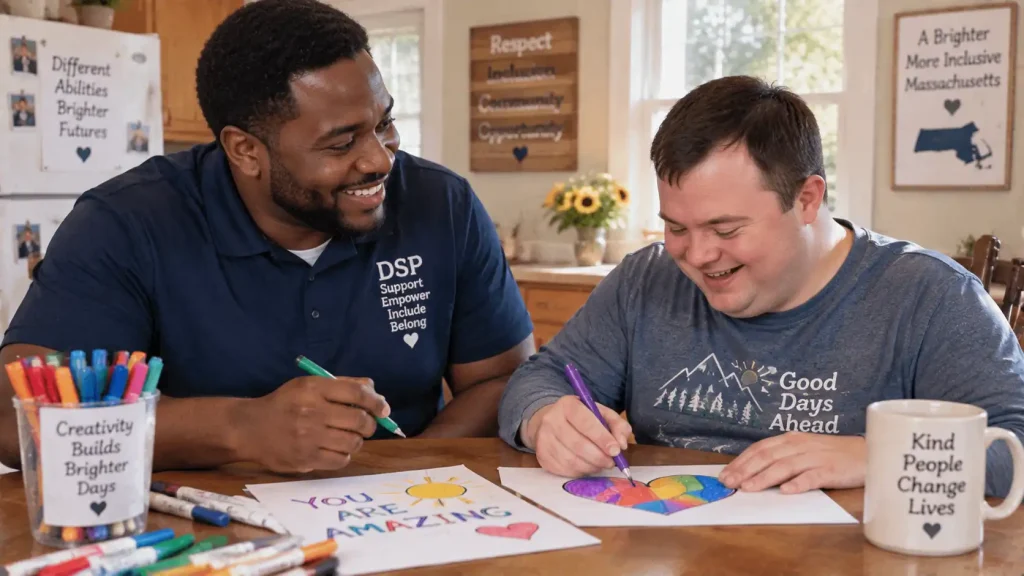 Direct support professional smiling while assisting an adult with intellectual disabilities in a sunny Massachusetts community home