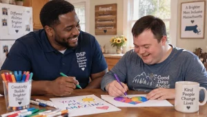 Direct support professional smiling while assisting an adult with intellectual disabilities in a sunny Massachusetts community home