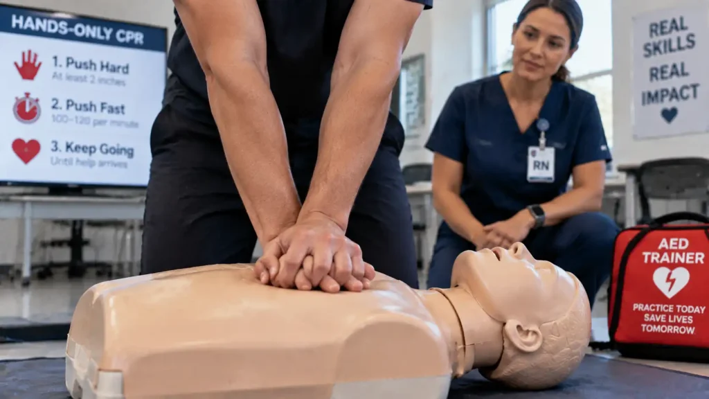 Adult student performing hands-only CPR chest compressions on a training manikin during a CPR class in Stoughton MA