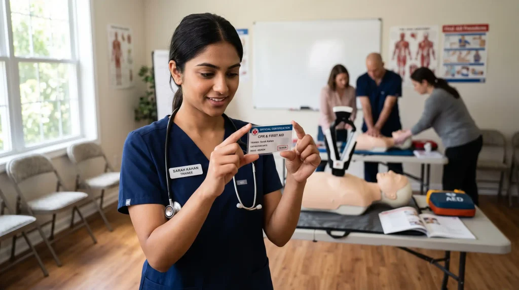 Healthcare worker holding a valid two-year CPR and First Aid certification card in front of a training manikin