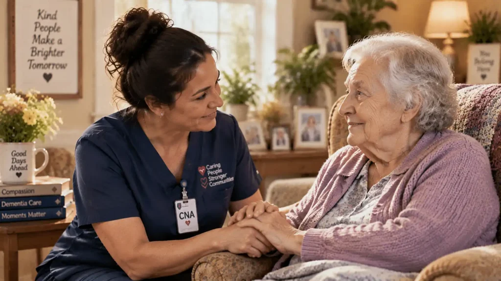 Caregiver sitting at eye level communicating gently and listening to an elderly person with dementia