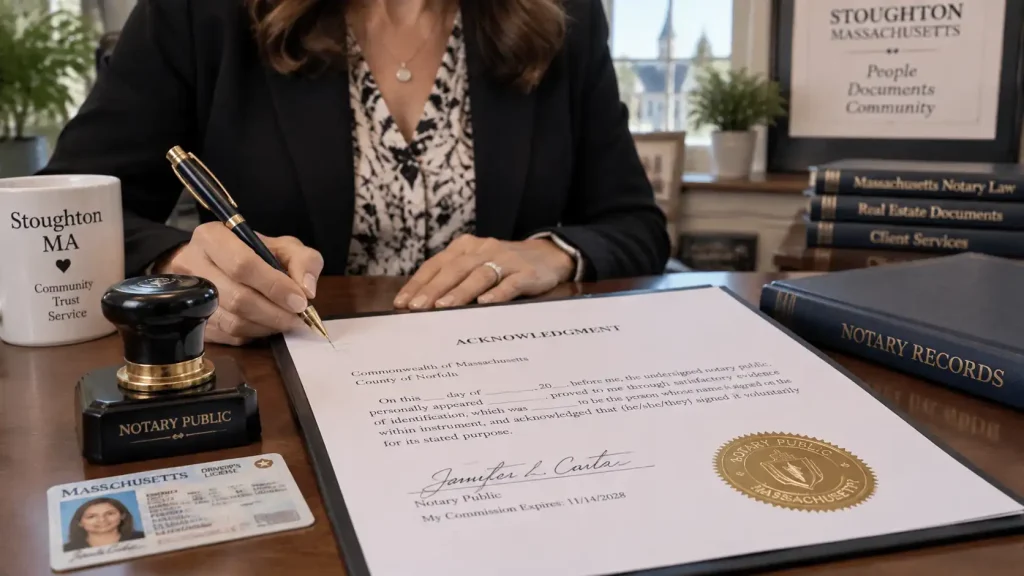 A notary public signing and applying an official embossing seal stamp to legal documents in an office in Stoughton MA