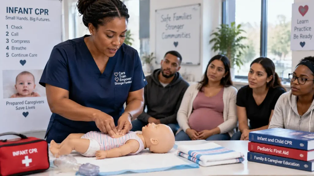 Healthcare instructor demonstrating proper infant CPR chest compression technique on a pediatric training manikin in a Stoughton MA classroom