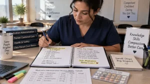 Healthcare student preparing for the Massachusetts MAP certification exam with practice study materials and medication blister packs