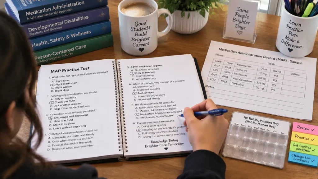 Direct support staff student reviewing Massachusetts MAP practice test questions with medication blister pack and notebook
