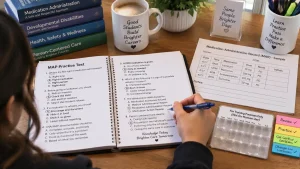 Direct support staff student reviewing Massachusetts MAP practice test questions with medication blister pack and notebook