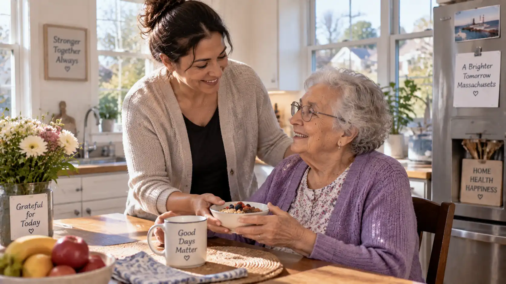 Caregiver reviewing MassHealth personal care attendant and adult foster care paperwork at a home desk