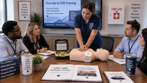 Instructor demonstrating CPR chest compressions and AED training to corporate employees in a workplace safety session