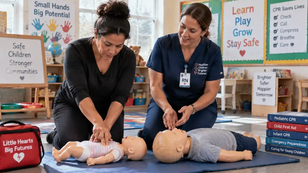 Daycare teacher practicing pediatric CPR on a child manikin with an AED trainer in a Massachusetts childcare safety class