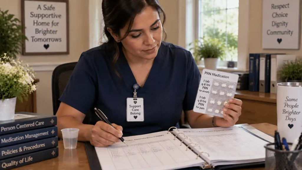 Direct support staff reviewing a PRN medication order and MAR sheet in a Massachusetts group home