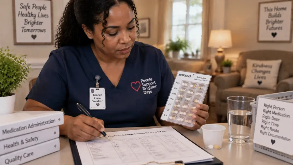 Direct support staff verifying the five rights of medication administration against a pharmacy blister pack and MAR sheet in a group home setting