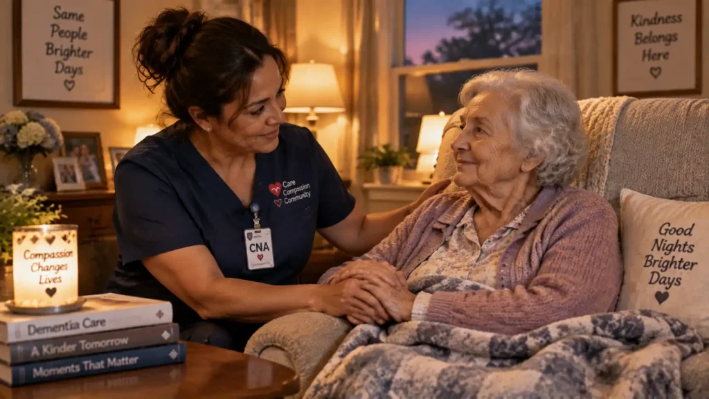 Caregiver comforting an elderly senior experiencing late afternoon sundowning and restlessness in a warm home living room