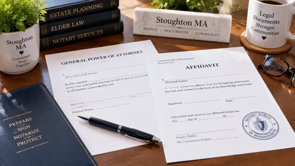 A stack of legal documents including a power of attorney and deed with an official notary public seal and pen on a desk